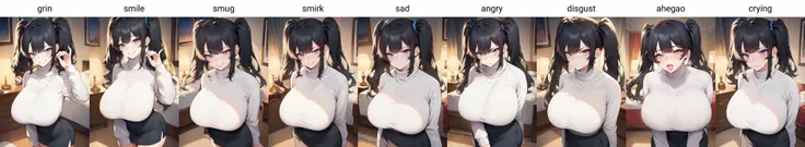 score_9, score_8_up, score_7_up, source_anime, 1girl,blue eyes,twintails, black hair, turtleneck sweater, white sweater, black skirt, grin,looking at viewer, from front, bedroom, standing, huge breasts <lora:Mochirong-Style-PonyXL-Dora:1>