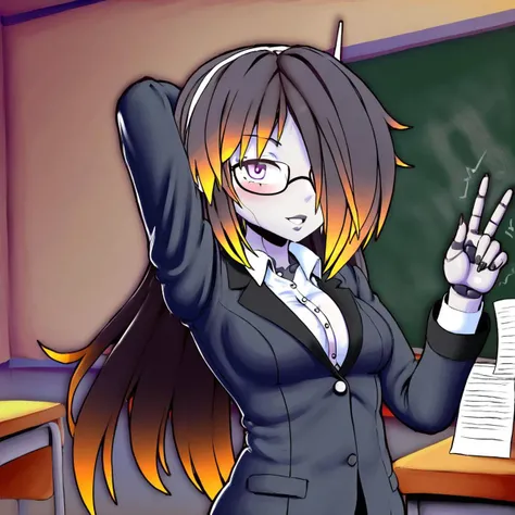 (8k, RAW photos, top quality, masterpiece: 1.2), (High Quality), ray tracing, HDR, (High Details), (Face detail), (Shadow Detail), Runa/Luna, Vrchat model, android, 1girl, solo, long hair, hair over one eye, orange hair streaks, grey skin, robot, neutral expression, buttoned up blazer, white undershirt glasses, slapping black board, classroom, black board