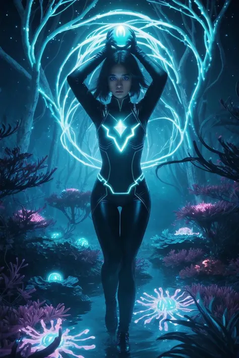 (puzzled, glowing eyes:1.2), highly painting, dancer, surrounded by floating islands of bioluminescent flora that twinkle like stars, by zeekzag, screencap, 29 years old, from avengers