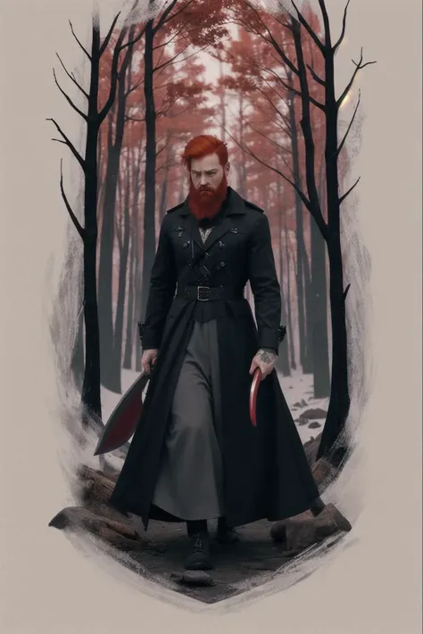 detached collar , ((red hair)) , his heart heavy with sorrow. The trees whisper their condolences as he walks , thick layered papercut art , a man (bald, black full beard, tattoos, Bow in left hand, axe in right hand) looking down to a foggy valley , tube dress , hand by waist , all rendered with a rich and nuanced color palette to bring this fantastical world to life. Under the cover of darkness , ornate pouch