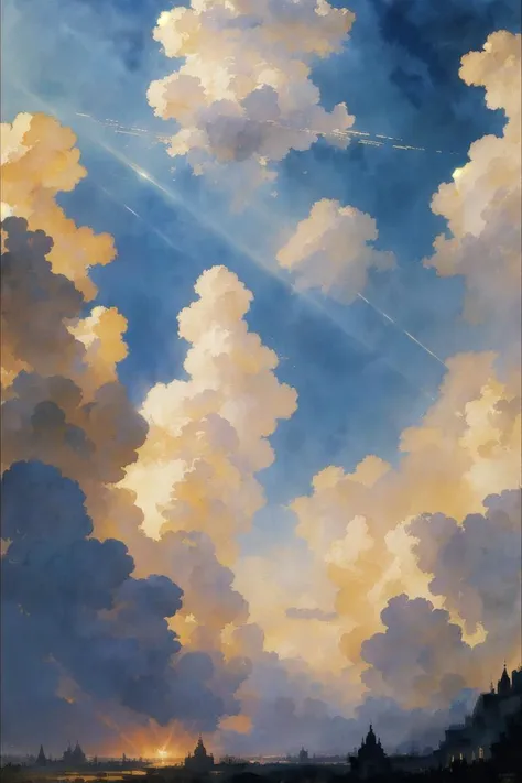 8k rendering , creating an (awe-inspiring and majestic spectacle: 1.2). These radiant beams of light pierce through the clouds , in style by Edouard Manet , daytime , Stylized watercolor art , windows , eatfresh , Craig Mullins , flat color style