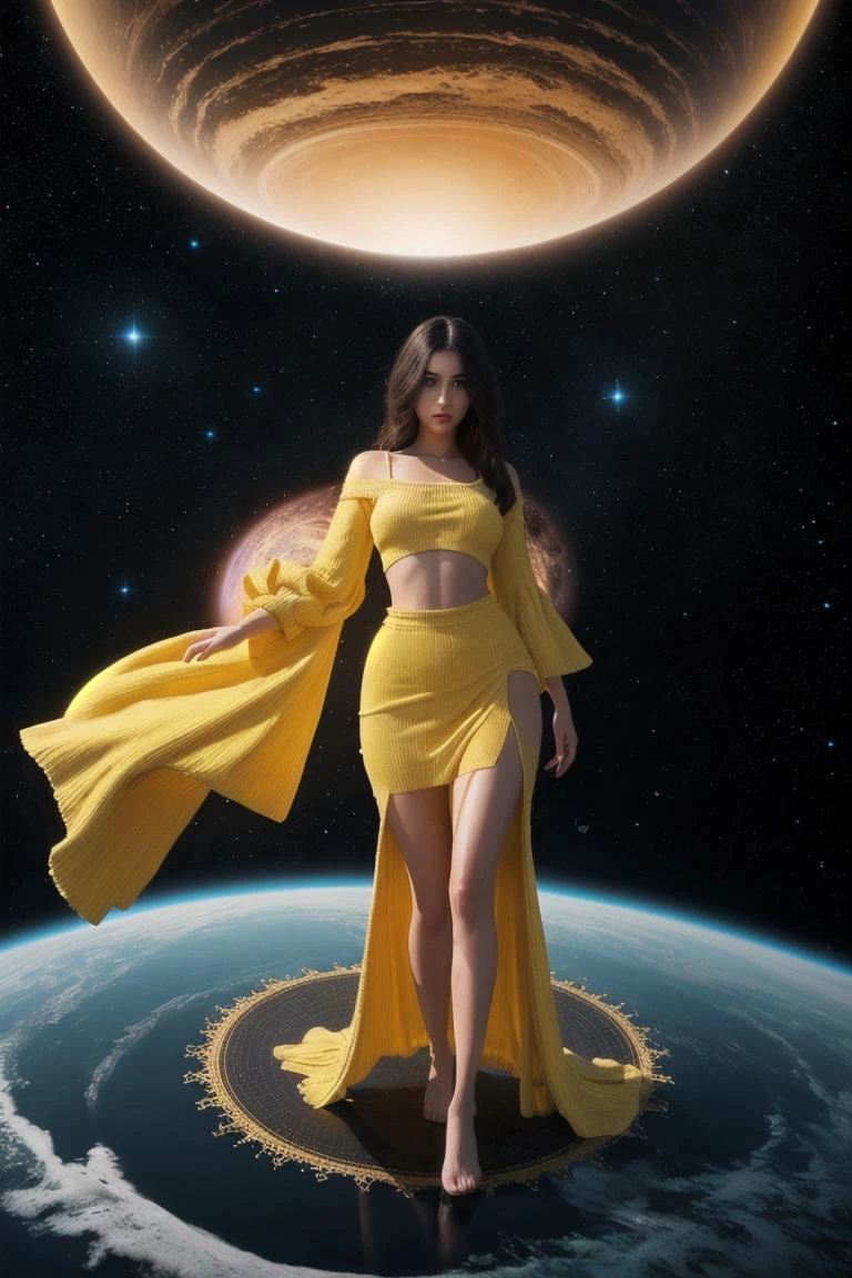 intricate fantasy painting, yellow sweater, on beachtowel, this style transports viewers into (a realm of splendid glorious and pristine clarity:1), butt focus, ethical, magic world, long gown full skirt dress floats up into huge black hole accrescion disc around her hips. bob cut with long white floating hair. Long white legs barefeet. Dark space and stars in background. hyper realistic