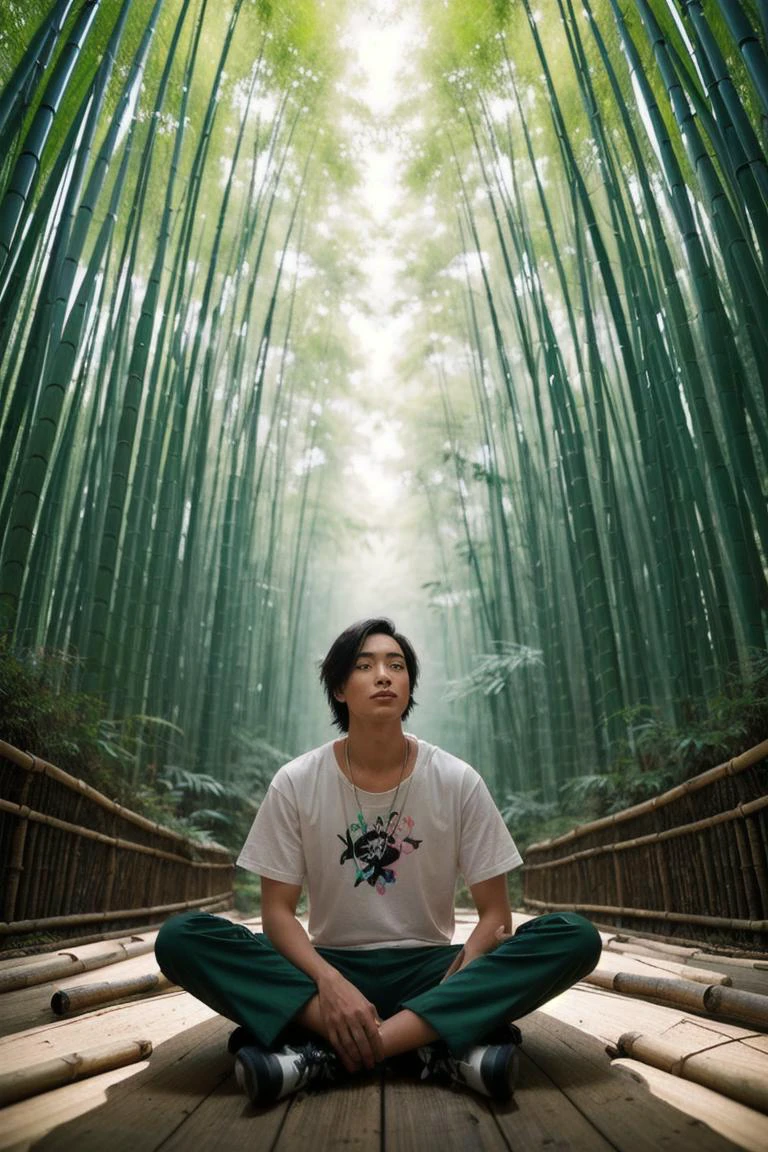 a man sitting in a bamboo forest , cd cases and dvd cases on floor , graffiti-inspired colors , (face:0.6) , Grace Rogers , stunning ski , urging them to embrace the transcendent beauty with hearts full of peaceful wonder and unwavering fascination. . Extremely high-resolution details , blurred greenery , (dynamic pose:1.0)