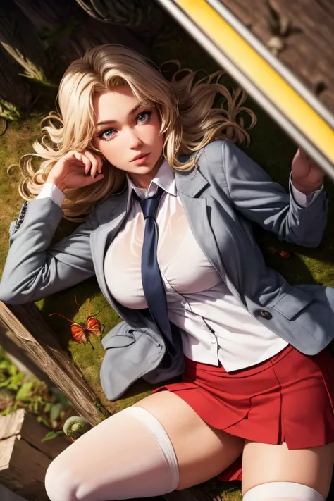 (ultra realistic,32k, masterpiece:1.2),(high detailed skin:1.1), 8k uhd, dslr, high quality, (thick\lips\),
<lora:kay:0.7>aakay,long hair,saunders school uniform,blazer,grey jacket,long sleeves,open jacket,wing collar,white shirt,necktie,red skirt,white thighhighs,, , <lora:add_detail:0.86>, huge breast,
(looking at viewer, lying, from above:1.1),,upper body,
,(soft shaded neon light:1.1), A place infested with bugs and worms with decaying woods