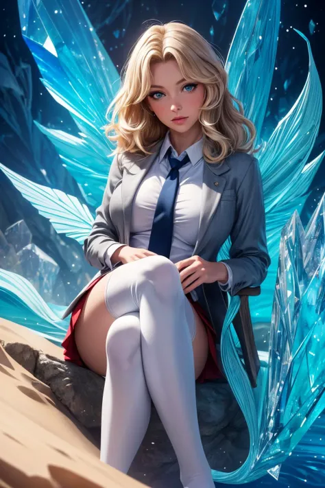 (ultra realistic,32k, masterpiece:1.2),(high detailed skin:1.1), 8k uhd, dslr, high quality, (thick\lips\),
 <lora:kay:0.7>aakay,long hair,saunders school uniform,blazer,grey jacket,long sleeves,open jacket,wing collar,white shirt,necktie,red skirt,white thighhighs,, , <lora:add_detail:0.8>, huge breast, 
(looking at viewer, sitting, crossed legs:1.1),,upper body,
,(ambient lighting:1.1),  crystal shores, crystalline sands, shimmering waves, merfolk's domain