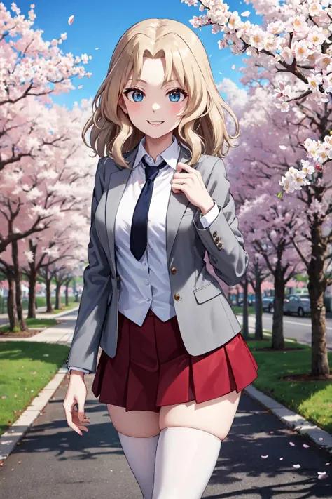 masterpiece,best quality,highres,ultra-detailed,aakay,long hair,saunders school uniform,blazer,grey jacket,long sleeves,open jacket,wing collar,white shirt,necktie,red skirt,white thighhighs,shoes,<lora:kay:0.8>,outdoors,cherry blossoms,standing,cowboy shot,smile,
