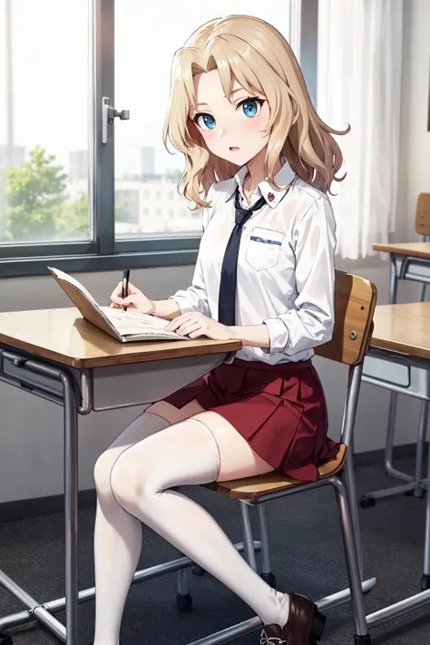 masterpiece,best quality,highres,ultra-detailed,aakay,long hair,saunders school uniform,wing collar,white shirt,necktie,red skirt,white thighhighs,shoes,<lora:kay:0.8>,indoors,sitting,classroom,chair,desk,studying,toward a desk,