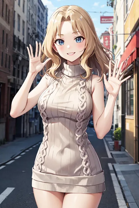masterpiece,best quality,highres,ultra-detailed,aakay,long hair,<lora:kay:0.8>,(long sweater:1.4),turtleneck,sleeveless,street,smile,standing,waving,no pants,