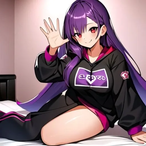 1girl, solo, purple hair, long hair, red eyes, baggy clothes, big breasts, smiling, cute, pretty, bedroom, sitting, on bed, ro_g, <lora:Ro_Og2-11 (4):1>, full body, good hands, waving