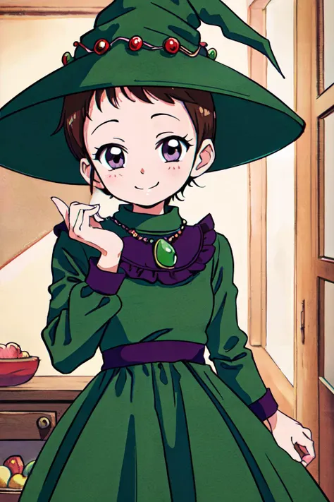 <lora:kayoko:0.82>Nagato kayoko, cowboy shot, very short hair, purple eyes, green witch outfit, green frilled dress, puffy, many jewels, green witch hat, brown hair,
(best quality, masterpiece, RAW photo,ultra-detailed:1.2), <lyco:GoodHands-beta2:1.0>,1girl,solo,looking at viewer, smile,
