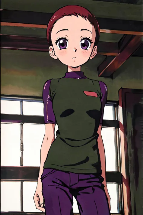 <lora:kayoko:0.82>Nagato kayoko, cowboy shot, very short hair, purple eyes, green suits,
(best quality, masterpiece, RAW photo,ultra-detailed:1.2), <lyco:GoodHands-beta2:1.0>,1girl,solo,looking at viewer,