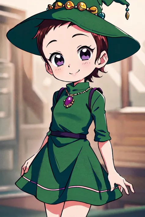 <lora:kayoko:0.84>Nagato kayoko, cowboy shot, very short hair, purple eyes, green witch outfit, green frilled dress, puffy, many jewels, green witch hat, brown hair,
(best quality, masterpiece, RAW photo,ultra-detailed:1.2), <lyco:GoodHands-beta2:1.0>,1girl,solo,looking at viewer, smile,