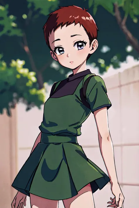 <lora:kayoko:0.7>Nagato kayoko, green_dress, cowboy shot, mini skirt, very short hair,
(best quality, masterpiece, RAW photo,ultra-detailed:1.2), <lyco:GoodHands-beta2:1.0>,1girl,solo,looking at viewer,