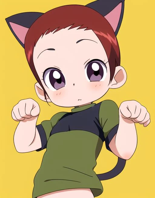 <lora:kayoko:0.9> (masterpiece, highres, best quality, ultra detailed:1.2) nagato kayoko, 1girl, solo, cat_ears, fake_animal_ears, paw_pose, blush, 3:, upper_body, simple_background, green_shirt