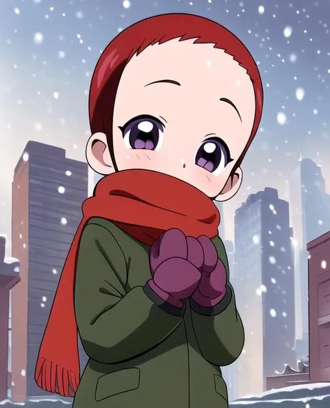 <lora:kayoko:0.9> (masterpiece, highres, best quality, ultra detailed, detailed background:1.2) nagato kayoko, 1girl, solo, child, :o, cowboy_shot, mittens, snowing, city, scarf, breath, winter_clothes