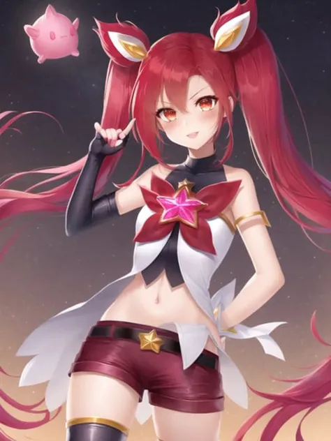 grass, sky, field, star guardian jinx, jinx \(league of legends\), star guardian \(league of legends\), league of legends, red neckwear, highres, 1girl, alternate costume, alternate hair color, alternate hairstyle, bare shoulders, belt, black gloves, black thighhighs, bow, elbow gloves, fingerless gloves, gloves, hair ornament, lipstick, long hair, magical girl, makeup, red bow, red eyes, red hair, red lips, short shorts, shorts, solo, thighhighs, twintails, very long hair, <lora:star_guardian_jinx-000027:1>