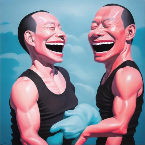 oil painting,(((a man))),laughing expression,eyes closed,colorful,<lora:Yue Minjun Signature smile style000012:0.8>,