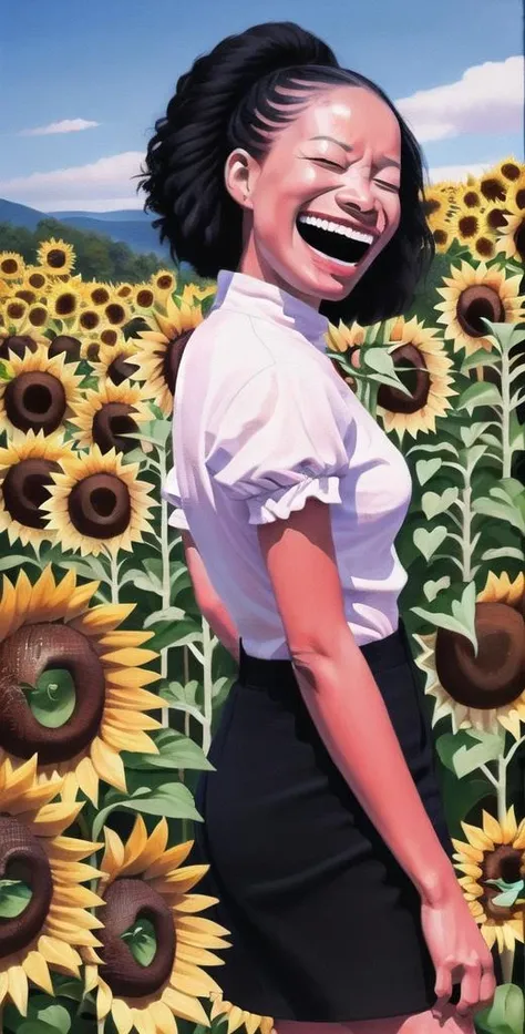 oil painting,(((black women and sunflowers))),laughing expression,eyes closed,colorful,<lora:Yue Minjun Signature smile style000012:0.8>,