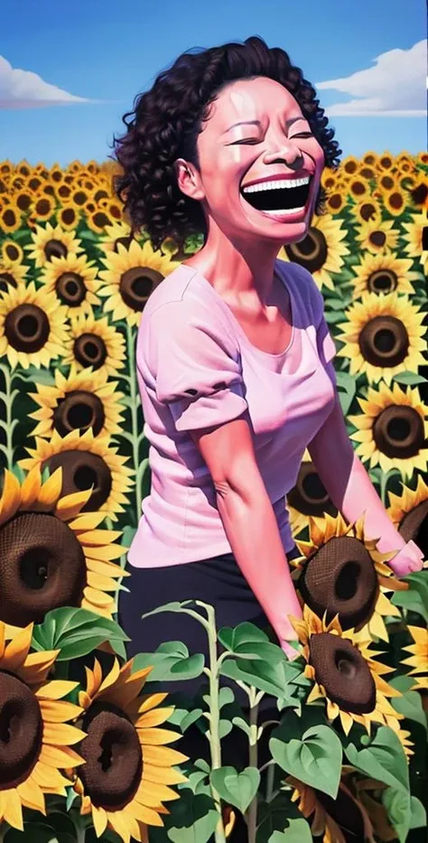 oil painting,(((black women and sunflowersï¼curly hair,))),laughing expression,eyes closed,colorful,<lora:Yue Minjun Signature smile style000012:0.8>,