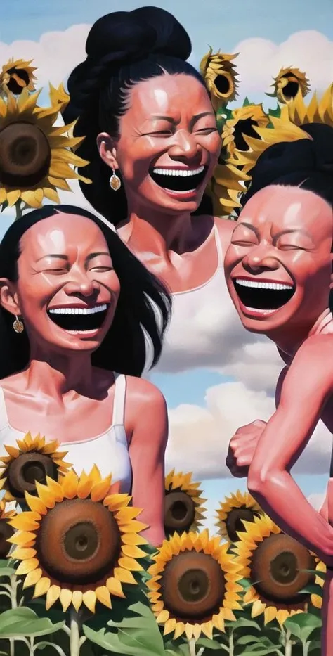 oil painting,(((black women and sunflowers))),laughing expression,eyes closed,colorful,<lora:Yue Minjun Signature smile style000012:0.8>,