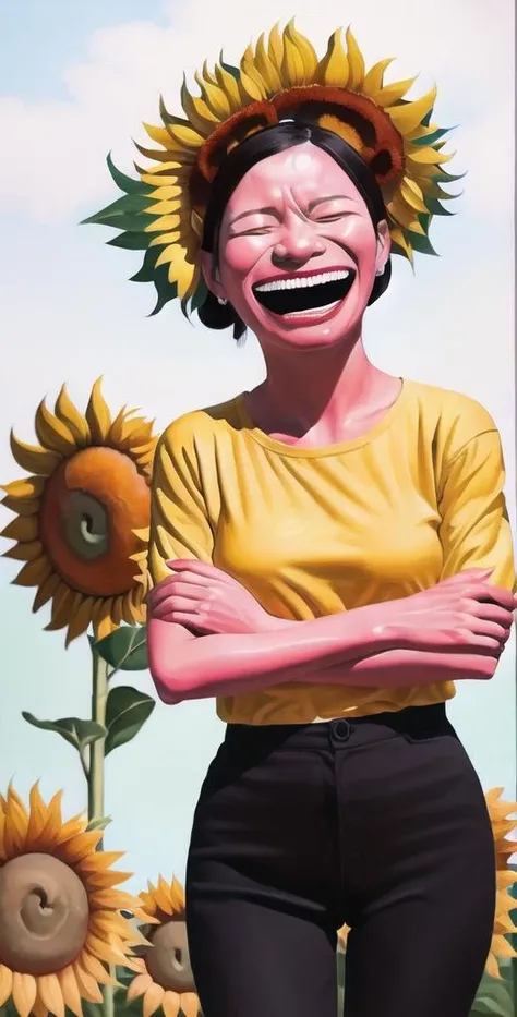 oil painting,(((women and sunflowers))),laughing expression,eyes closed,colorful,<lora:Yue Minjun Signature smile style000012:0.8>,