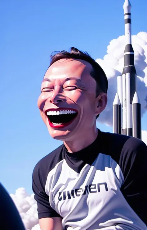 Elon Musk Laughing expression,rocket launch background<lora:Yue Minjun Signature smile style000012:0.55>,
