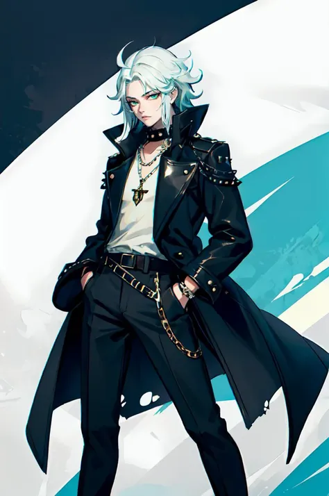 <lora:defaultz_style_v2:1> defaultz style,, ultra detailed, masterpiece, best quality, aesthetic, detailed,, solo, 1boy, teal eyes, <lora:Tsurime3:1>, (tsurime:1.2), parted bangs, white hair, medium hair, straight hair, shoulder-length hair, male focus,, coat, shirt, pants, studded belt, multiple belts, combat boots, torn clothes, necklace, black coat, black and green theme,