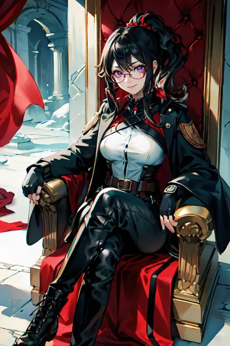 <lora:Takunomi_SD1.5_dim64:1>  (red-framed eyewear:1.2), sitting, crossed legs, throne,, absurdres, ultra detailed, masterpiece, best quality, aesthetic, detailed,, solo, smug smile, 1girl, purple eyes, red-framed eyewear, (black hair, red colored tips:1.2), red streaked hair, very long hair, side ponytail, tied hair, medium breasts,  <lora:DipDyedHair:1> red IncursioDipDyedHair,