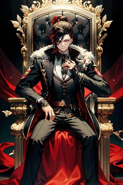 <lora:Yonpii-Style-000080:0.6>,, ultra detailed, masterpiece, best quality, solo, smug smile, sitting, arm rest, head on hand, throne room, red banner, black and red theme, 1boy, red eyes, <lora:Tsurime3:1>, (tsurime:1.2), black hair, undercut, top knot, parted bangs, long bangs, bangs, short hair, hair intakes, tall, (coat on shoulders:1.3), dress shirt, sleeves rolled up, fingerless gloves, holster, pants, belt, multiple belts, combat boots, bulletproof vest, tactical clothes,