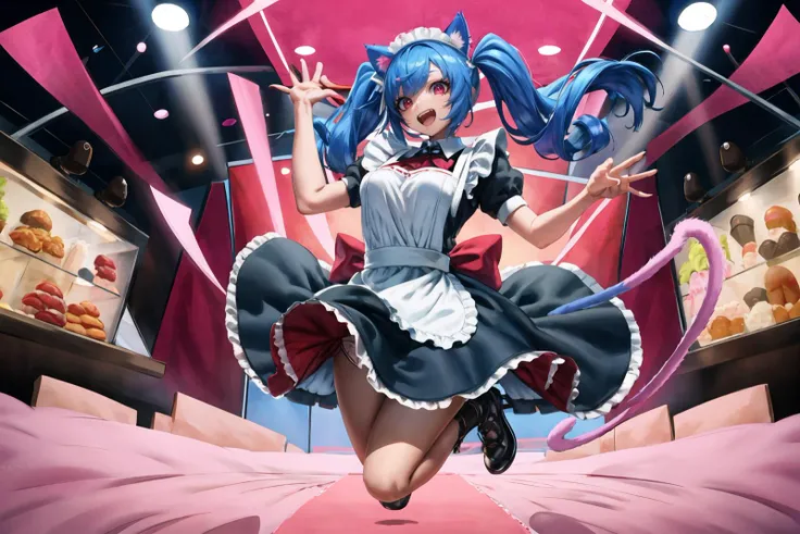 masterpiece, 1girl,  cat ears, cat tail, cat girl, maid dress, maid apron, maid tiara, jumping, happy,  blue hair, red eyes,  hands up, long hair, absurdly long hair, twintails, full body, cowboy shot, <lora:Yonpii-Style-000080:1>