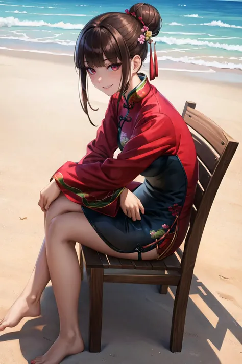 masterpiece, best quality, 1girl, solo, hair bun, blunt bangs, (looking at viewer:1.2), sitting, on a chair, (qipao), brown hair, red eyes, small breasts, beach, barefoot, hugging legs, smug, smirk, sideview <lora:Yonpii-Style-000080:0.8>