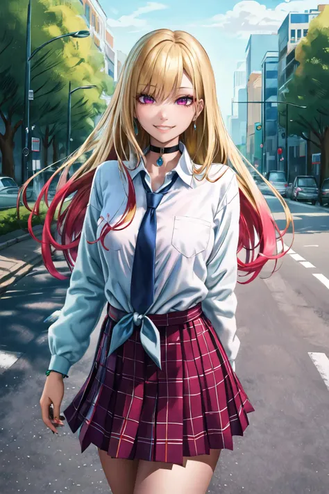 masterpiece, best quality, highres, kitagawa marin, 1girl, blonde hair, long hair, multicolored hair, red eyes, jewelry, earrings, piercing, school uniform, white shirt, tied shirt, black choker, blue necktie, plaid skirt, <lora:kitagawa_marin_v1-1:0.7>, grin, smile, standing, cowboy shot, outdoors, <lora:Yonpii-Style-000080:1>