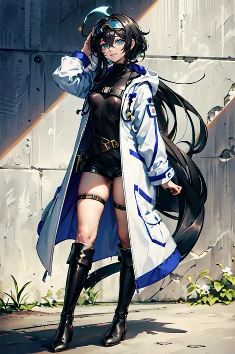 <lora:Yonpii-Style-000080:0.6>, ultra detailed, masterpiece, best quality, solo, soft smile, light smile,
1girl, aqua eyes, black hair, <lora:low_ponytail-1.0:0.95> low ponytail, ahoge, absurdly long hair, very long hair, (hair flaps:1.2), flipped hair, hair between eyes, bangs, messy hair, small , (goggles on head:1.2), hooded coat, open coat, turtleneck, capri pants, black knee boots, multiple straps, white coat, layered clothes, hair ribbon,