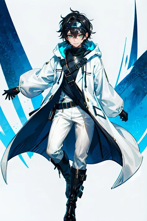 <lora:Yonpii-Style-000080:0.6>,, ultra detailed, masterpiece, best quality, solo, smile, 1boy, green eyes, short hair, black hair, bangs, hair between eyes, messy hair, goggles on head, headband, white coat, hooded coat, hood down, open coat, turtleneck, capri pants, pants, black knee boots,
