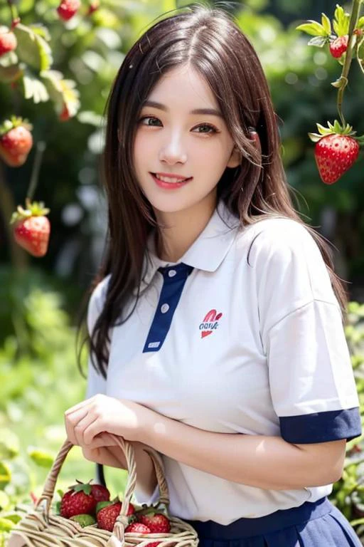 best quality, ultra high res, (1 girl:1.4), solo,(upper body:1.2), (photorealistic:1.4), (pretty girl:1.2),big breasts,balck long hair, parted bangs,air bangs, red lips,light_smile,(shot hair), wet, messy_blue hair, stick out,(school uniform:1.4),white shirt with blue collar, blue shorts,(looking at viewer:1.4),(a basket on her forearm:1.4),(picking strawberries:1.4), (strawberry farm:1.4), (rows of plants:1.4), (red berries:1.4), green leaves, sunshine, (baskets:1.2), picking,<cinematic light, rim lighting, ultra high res, 8k uhd, film grain, perfect anatomy, exquisitely detailed skin, best shadow, delicate, RAW> <lora:ShenzhenUniform_v10:0.4> <lora:liuyifei_10:0.2> (pureerosface_v1:0.5) <lora:hongkongdolllikeness_v15:0.4> <lora:Lora_v10:0.5>