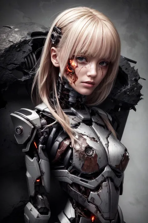 RAW photo, hyper-realistic, Generate a realistic image inspired by the Terminator franchise, depicting the face of a battle-damaged female cybernetic organism. The face is divided into two halves: on the left side, the visage appears to be that of a resilient woman, with lifelike skin,highly detailed eyes and skin, delicate features, and signs of determination. On the right side, however, the illusion of humanity is shattered, revealing the exposed, damaged exoskeleton beneath the surface of the skin.
Render the human side of the face with meticulous attention to detail, capturing the intensity and grit of a battle-hardened warrior. Utilize high-resolution textures to depict the resilient skin, portraying a mix of determination, sweat, and possibly a few battle scars. Enhance the realism by incorporating dynamic lighting techniques that emphasize the character's determination and strength, casting shadows that add depth and intensity to the facial expression.
On the damaged robotic side, reveal a combination of damaged and torn skin that exposes the metallic exoskeleton beneath. The skin should appear to be peeling or partially torn, revealing the intricate machinery situated beneath it. Employ advanced AI rendering techniques to bring out the details of the exposed exoskeleton, showcasing the battle-inflicted scars, ruptured joints, and sparks of malfunctioning circuitry. The metallic exoskeleton should be positioned deeper within the face, conveying the sense that it resides beneath the torn skin.
Create a contrast between the warm, human side and the cold, damaged robotic side by utilizing a lighting scheme that highlights the stark divide between organic and artificial elements. Experiment with lighting angles to accentuate the battle damage and provide depth to the damaged robotic side. Use orange lighting on the damaged side to create an otherworldly and menacing atmosphere, while also highlighting the exposed exoskeleton beneath the torn skin.
In the background, incorporate a dystopian environment that further enhances the sense of destruction and battle. Utilize smoky atmospheres, crumbling structures, or shattered remnants of technology to reinforce the theme. This backdrop will enhance the overall atmosphere and convey a post-apocalyptic setting.
Ensure that the final image effectively portrays the resilience and battle-worn nature of the female Terminator, juxtaposing the vulnerability of human skin with the exposed exoskeleton beneath the damaged surface. The attention to detail, realistic rendering, and careful lighting techniques, including the use of torn skin and the placement of the exoskeleton deeper within, will contribute to a visually captivating and immersive representation of the battle-damaged female Terminator's face.
 <lora:add_detail:1.5> <lora:bhands-neg:1> <lora:Noiseoffset:0.5>