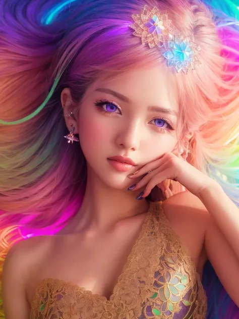 (best quality, masterpiece:1.2),ultra detailed,(photo realistic:1.4),solo,cute girl,gradient_background,(detailed eyes:1.1),(beautiful shining eyes:1.1),(beautiful eyeliner:1),(beautiful detailed nail:1),(colorful illumination:1.3),(upper body:1.4),(aura:1.4),(lying down:1.1),clear background,shiny skin,face lighting,<lora:kaleidoscope_v1:0.3>,