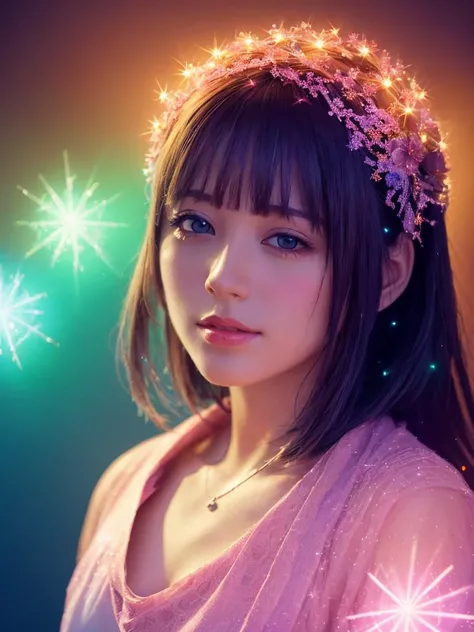 (best quality, masterpiece:1.2),ultra detailed,(photo realistic:1.4),solo,cute girl,(colorful illumination:1.1),light_particles, <lora:KiraKiraEffect_v1:0.3>,gradient_background, <lora:kaleidoscope_v1:0.3>,