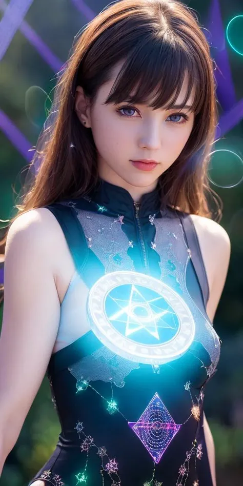 (best quality, masterpiece:1.2),ultra detailed,(photo realistic:1.4),(solo,cute girl:1.1),see-through bodysuit,(colorful illumination:1.1),upper body,(summon light magic circle:1.3),luminescence_circle_background,<lora:SummonEffect_v1:0.4>,