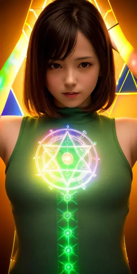 (best quality, masterpiece:1.2),ultra detailed,(photo realistic:1.4),(solo,cute girl:1.1),see-through bodysuit,(colorful illumination:1.1),upper body,(summon light magic circle:1.3),luminescence_circle_background,<lora:SummonEffect_v1:0.4>,