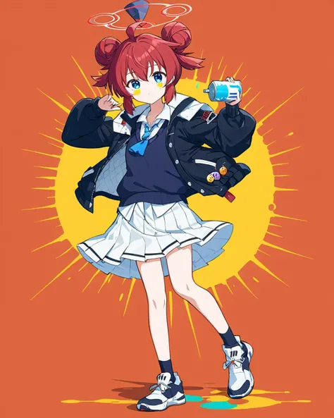 best quality, masterpiece, highres, solo, {maki_bluearchive:1.15}, red_hair, hair_bun, double_bun, ahoge, bangs, halo, blue_eyes, sidelocks, short_hair, smile, necktie, blue_necktie, light_blush, hair_between_eyes, upper_body, blush, spray_can, 1girl, collared_shirt, holding, jacket, long_sleeves, looking_at_viewer, shirt, shoes, skirt, sneakers, sweater_vest, white_shirt, white_skirt, pleated_skirt, socks, full_body, hooded_jacket, black_socks, hood, puffy_sleeves, graffiti, open_mouth, sitting