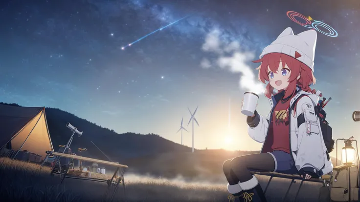 1girl, <lora:maki_(blue_archive)_image389_2023-11-24:0.8>, maki \(blue archive\), maki \(camp\) \(blue archive\),
,
solo, wide shot,
sitting, holding cup, steam,
,
layered clothes, collared jacket, open jacket, beige jacket, red sweater, print sweater, turtleneck sweater, collared shirt, open clothes, long sleeves, backpack, bag,
blue shorts, black pantyhose, pantyhose under shorts, boots, fur-trimmed boots,
,
halo, white headwear, beanie, animal hat, cat hat,
red hair, long hair, braid, low twin braids, sidelocks,
blue eyes, blush, :d, open mouth, smile,
,
scenery, night, outdoors, grasslands, grass, star \(sky\), starry sky, night sky, wind turbine, milky way, tent, telescope, cup, kerosene lamp, folding chair,
,
highres, absurdres, best quality, masterpiece, flat coating, clear color,