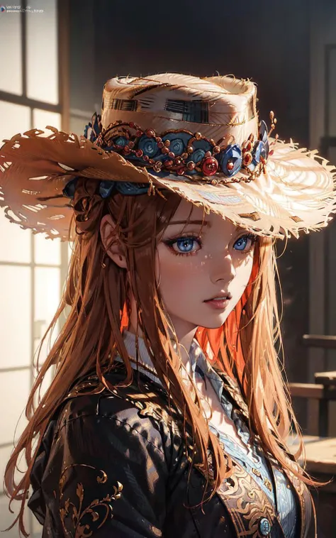anime, (((portrait of daw))), a woman, (((a red hair))), (((blue eyes))), (((cowboy outfit with hat)), 8k, unreal engine, octane render, by kyun, gamang, Yoon Gon-Ji, g.ho, gosonjak, shuroop, serious, domi, noah, trending on pixiv, fanbox, skeb, masterpiece, smooth soft skin, big dreamy eyes, beautiful intricate colored hair, symmetrical, anime wide eyes, soft lighting, concept art, digital painting, <lora:daw:0.7>, western