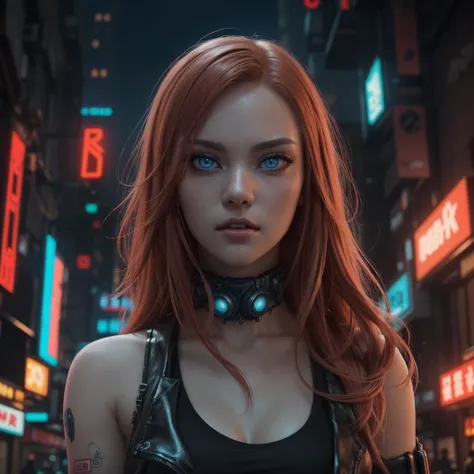 Create a female RPG character with dark red wavy hair, with dark green eyes, wearing black clothes and with a headset on his head