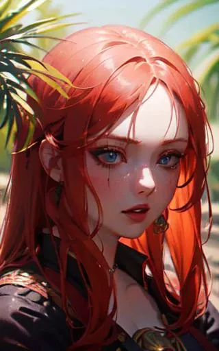 anime, (((portrait of daw))), a woman, (((a red hair))), (((blue eyes))), (((female pirate)), 8k, unreal engine, octane render, by kyun, gamang, Yoon Gon-Ji, g.ho, gosonjak, shuroop, serious, domi, noah, trending on pixiv, fanbox, skeb, masterpiece, smooth soft skin, big dreamy eyes, beautiful intricate colored hair, symmetrical, anime wide eyes, soft lighting, concept art, digital painting, <lora:daw:0.4>, tropical island