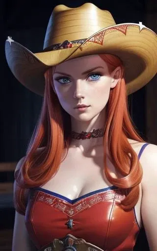 anime, (((full body portrait of daw))), a woman, (((a red hair))), (((blue eyes))), (((cowboy outfit with hat)), (((bust up))), 8k, unreal engine, octane render, by kyun, gamang, Yoon Gon-Ji, g.ho, gosonjak, shuroop, serious, domi, noah, trending on pixiv, fanbox, skeb, masterpiece, smooth soft skin, big dreamy eyes, beautiful intricate colored hair, symmetrical, anime wide eyes, soft lighting, concept art, digital painting, <lora:daw:0.4>, western