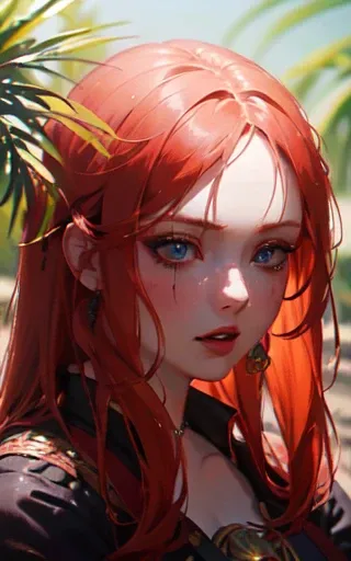 anime, (((portrait of daw))), a woman, (((a red hair))), (((blue eyes))), (((female pirate)), 8k, unreal engine, octane render, by kyun, gamang, Yoon Gon-Ji, g.ho, gosonjak, shuroop, serious, domi, noah, trending on pixiv, fanbox, skeb, masterpiece, smooth soft skin, big dreamy eyes, beautiful intricate colored hair, symmetrical, anime wide eyes, soft lighting, concept art, digital painting, <lora:daw:0.4>, tropical island