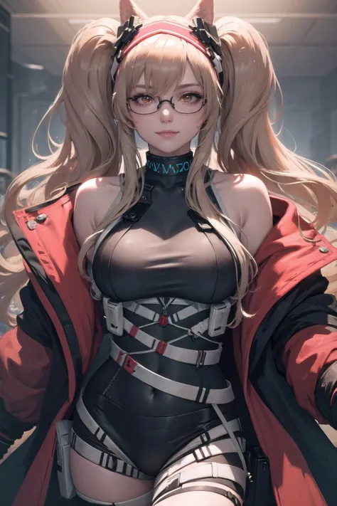 (The is very detailed:1.3),
1个Giant Breast Girl, alone,
aang_DV, orange eyes, Half-rimmed glasses, light smile,
hyper-detailing, (A high resolution:1.1), Best quality at best, (tmasterpiece:1.3), Movie Lighting,