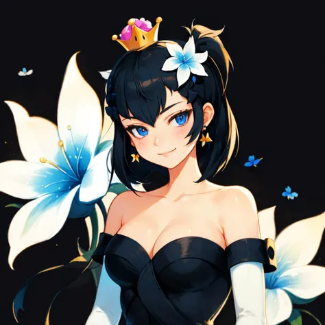 masterpiece, best quality, beautiful, 1girl with a flower in her hair, prinbulletbill, closed mouth, looking at viewer, super crown, black dress, bare shoulders, white gloves, elbow gloves, earrings, cleavage, silent_princess flower, gentle smile, backlighting, <lora:Degen-SilentPrincess:.7> simple background, black background <lora:mario_princessbulletbill_prodigy-17:.9>