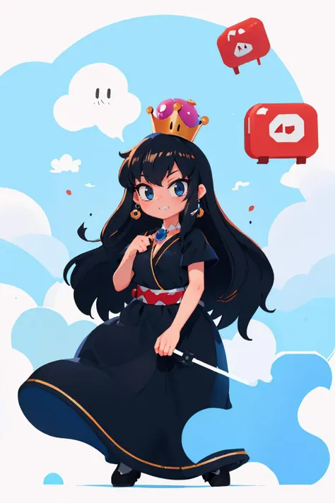 (masterpiece, best quality:1.2), solo, 1girl, prinbulletbill, sharp teeth, looking at viewer, long hair, crown, black dress, earrings, blue sky, cloud <lora:mario_princessbulletbill_prodigy-17:1>